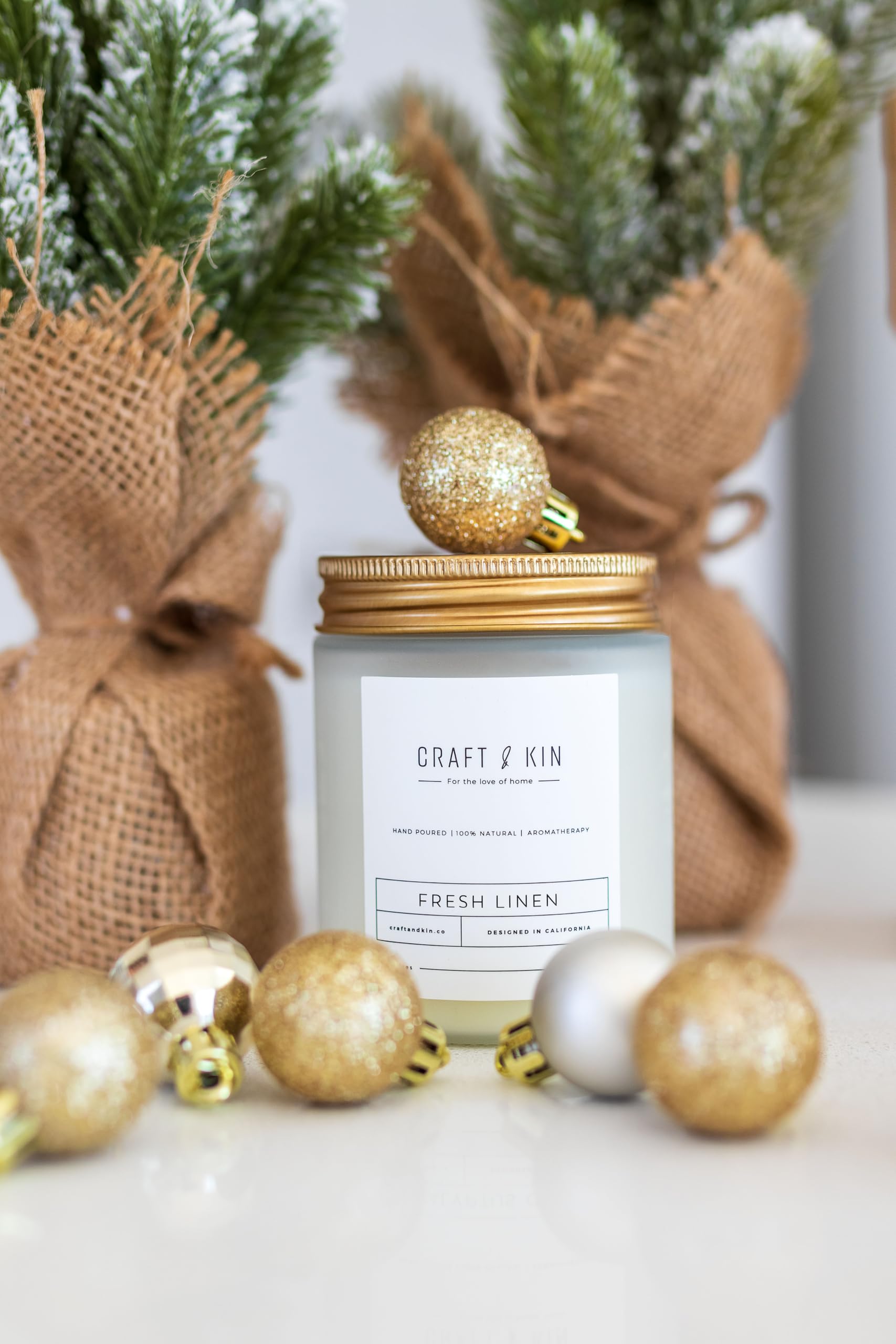 Craft & Kin Fresh Linen Scented Candle | 8 Oz 45 Hour Long Lasting | Classic Soy Candles Wood Wick | Made with Natural Soy | Gif